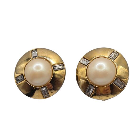 Imitation Pearl Earrings Baguette Rhinestones Round Dome Vintage Clip On - Picture 1 of 9